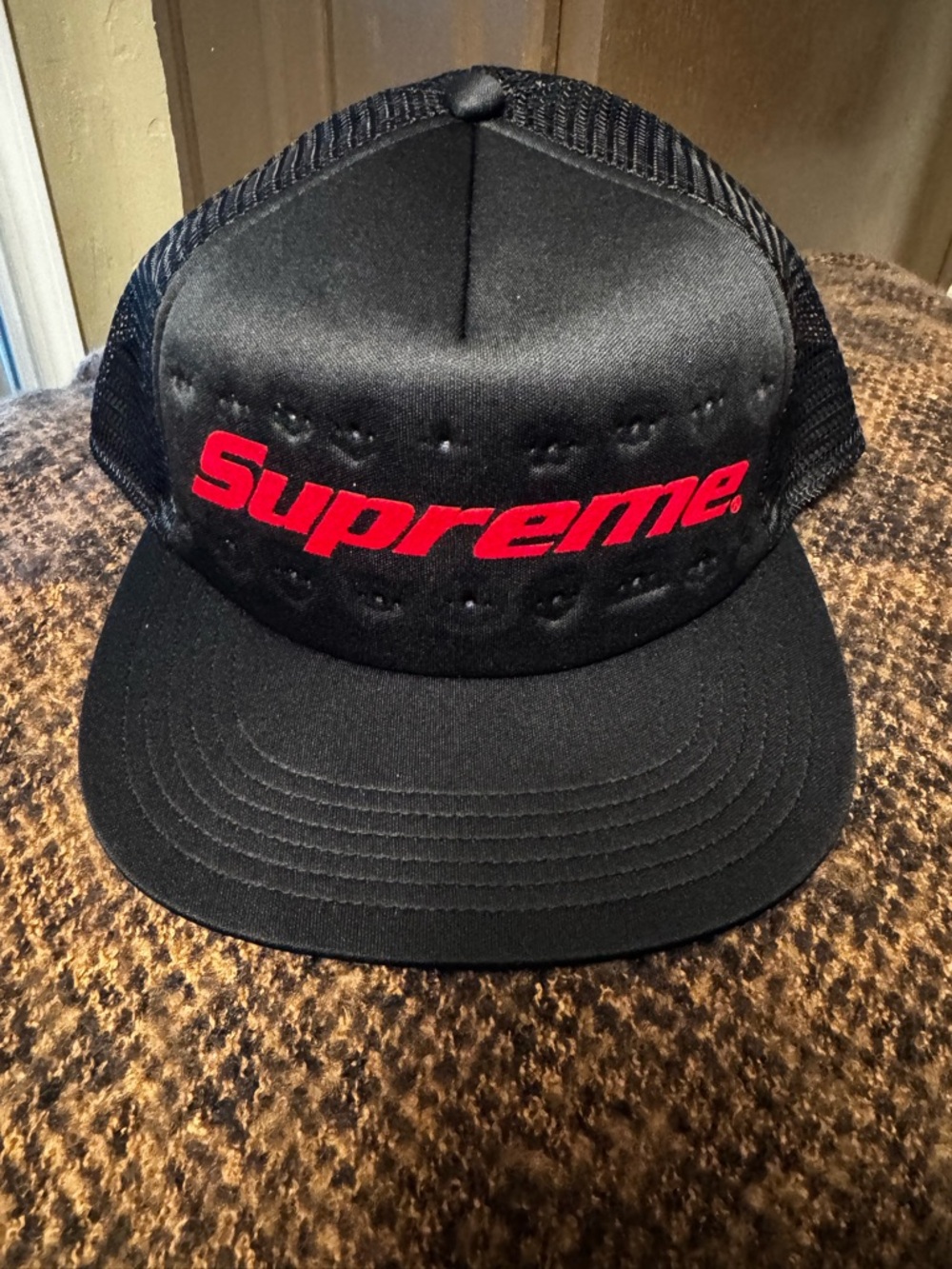 Supreme Black Trucker Hat with Red Script Logo